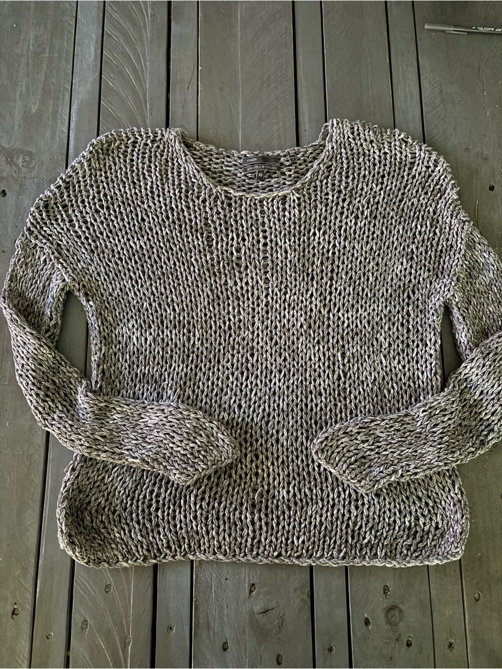 Vince Knitted By Hand Open Loose Weave Cotton Blend Crewneck Sweater Gray XS